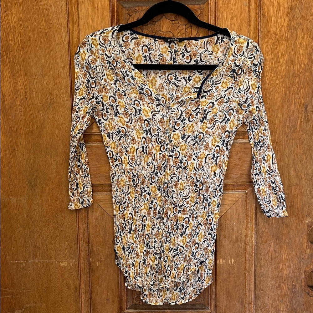 Massimo Dutti Blue yellow tan floral Blouse button down stretchy crinkle